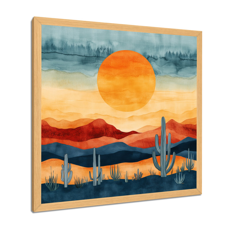 Coucher de soleil rétro jaune-vert sur Desert Lines IV - Tableau encadré, H 36 po x l 36 po, Natural Picture Framed