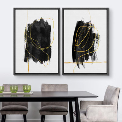 " Black Paint Splatter Gold Line Collage Abstract Shapes Illustrations Modern Art Decor Nordic " 2 - Pieces