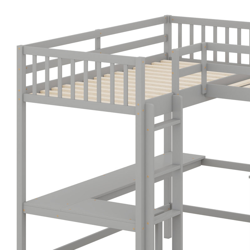 Wooden High Loftbed With Ladder，Safety Guardrail And 2 Built-In L-Shaped Desks, Gray
