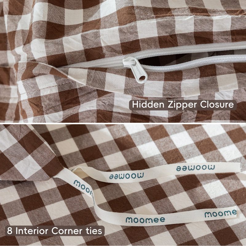 MooMee Gingham Duvet Cover Set 100% Washed Cotton Linen Like Lightweight, Twin Duvet Cover + 1 Standard Pillowcase