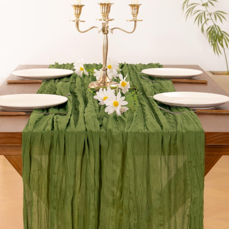 Chemin de table en étamine Cheesecloth Summer Boho Tapis de couloir de campagne rustique en mousse à motif de fromage rustique 3 pièces vert mousse pour douche de bébé