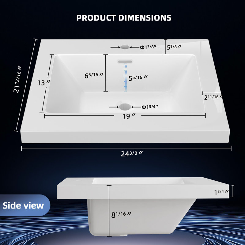 24 In. W X 22 In. D Solid Surface Cultured Marble White Single Sink Bath Vanity Top Rectangular Basin Countertop