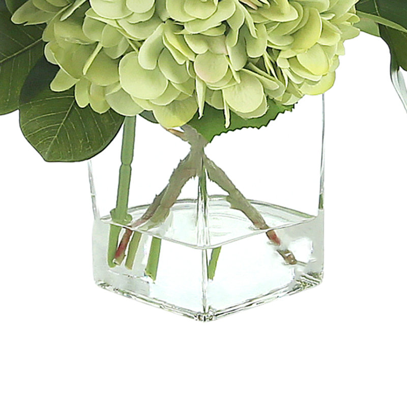 Hydrangea and Ficus Spray in Square Glass Vase