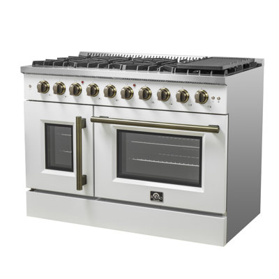 Forno Galiano 48" French Door Gas Range, Black or White & Antique Brass, 107,000 BTU, 6.58 cu.ft. Ovens