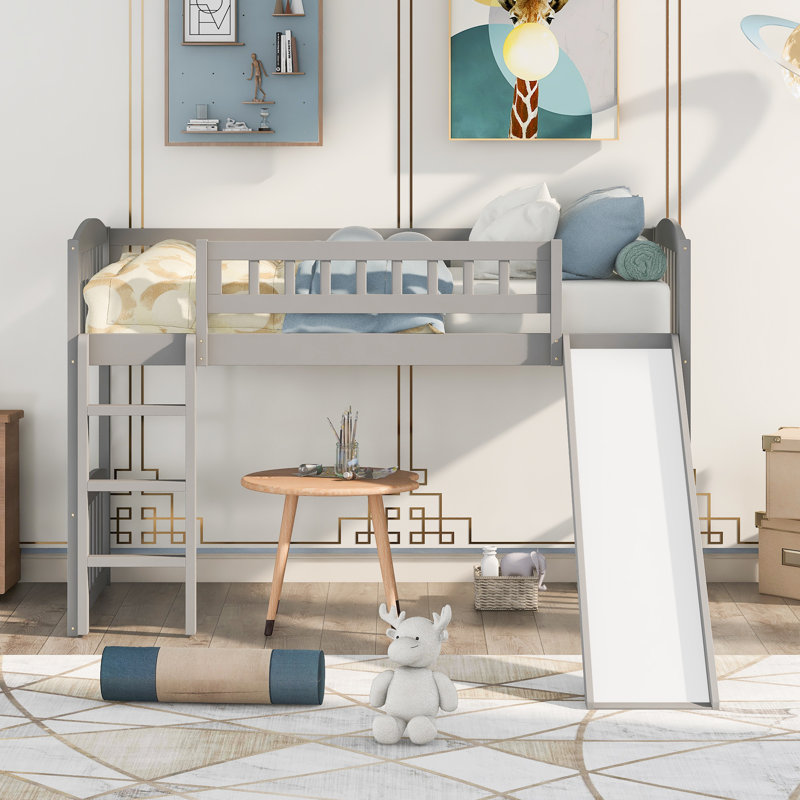 Lit mezzanine simple avec glissoire et échelle, gris