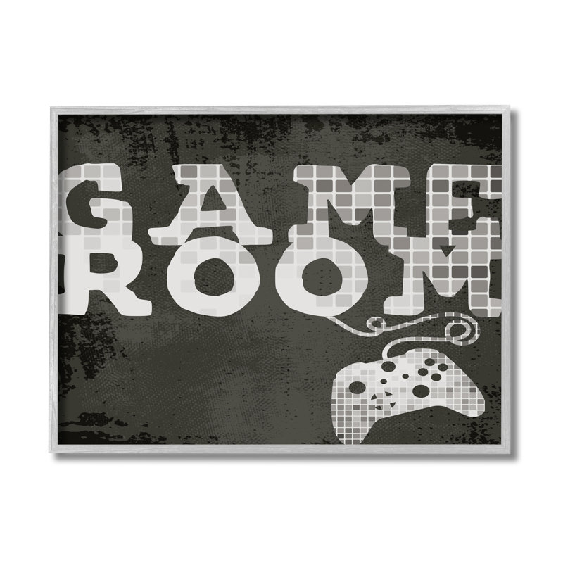 " Game Room Phrase Video Controller Geometric Pattern ", Farmhouse Gray Framed Giclee, 11" H x 14" W