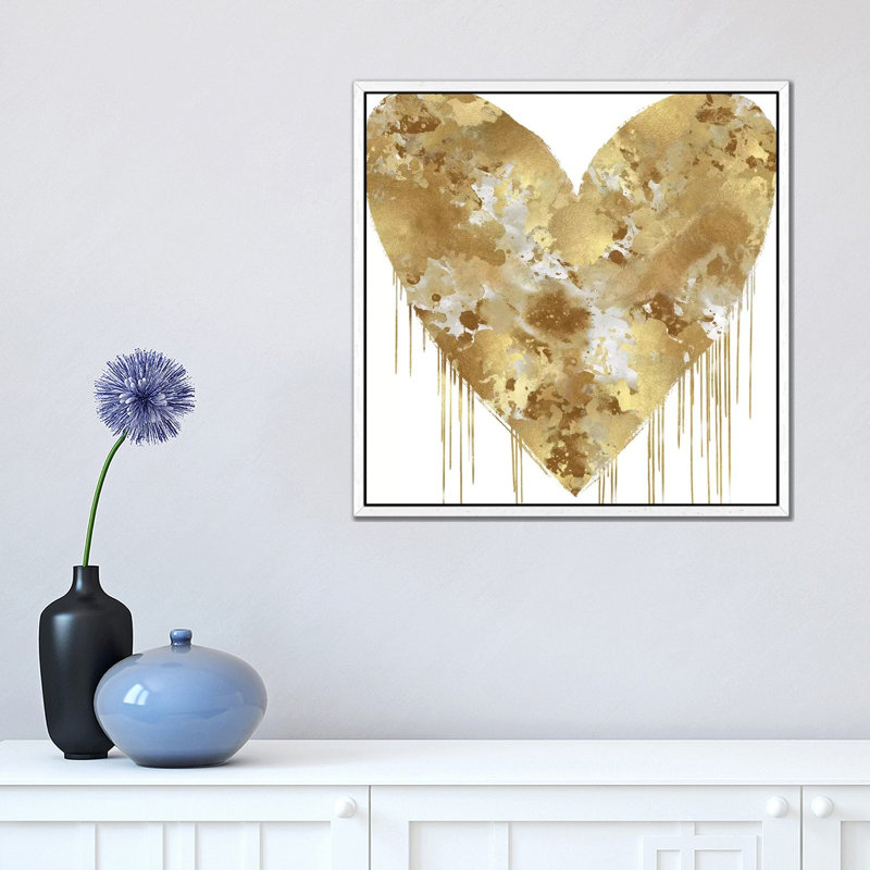 Big Hearted Gold And White by Lindsay Rodgers - Print on Canvas, White Framed, 45.72cm H x 45.72cm W x 3.81cm D