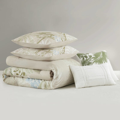 King/ King 100% Cotton Duvet And Pillow Ensemble - Tropical Botanical Design, Hidden Zipper, Machine Washable 5 Piece Cover With Throw Pillows For Coastal Decor, Print,