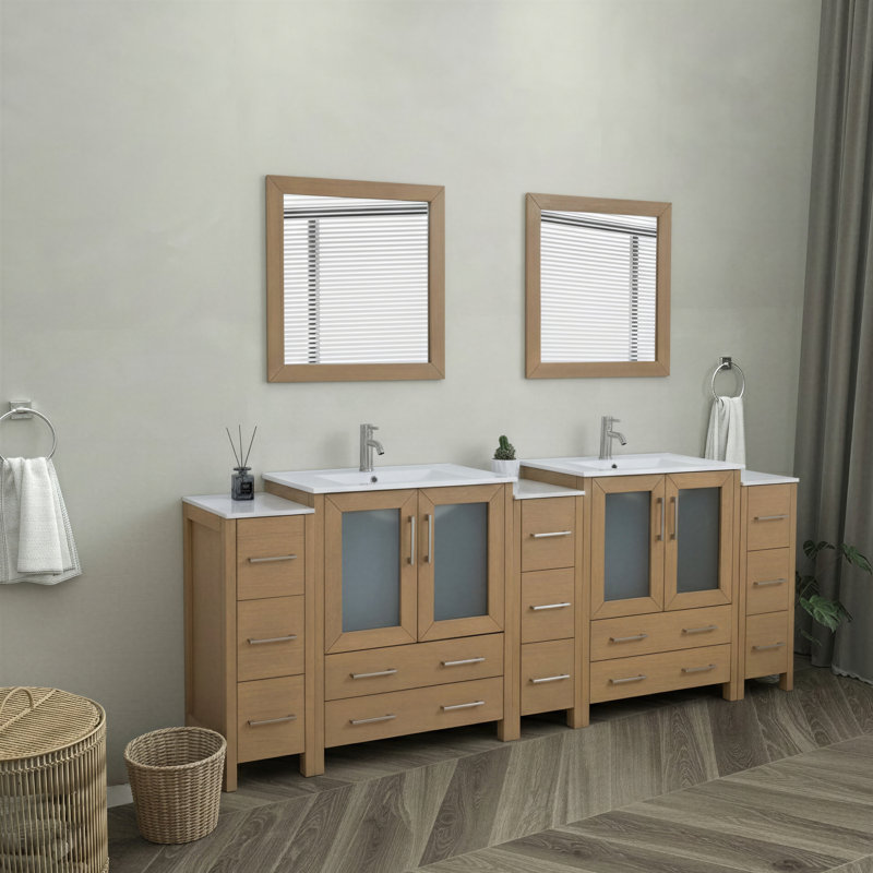 Modern 96" Double Bathroom Vanity Set with Mirror, Natural Oak