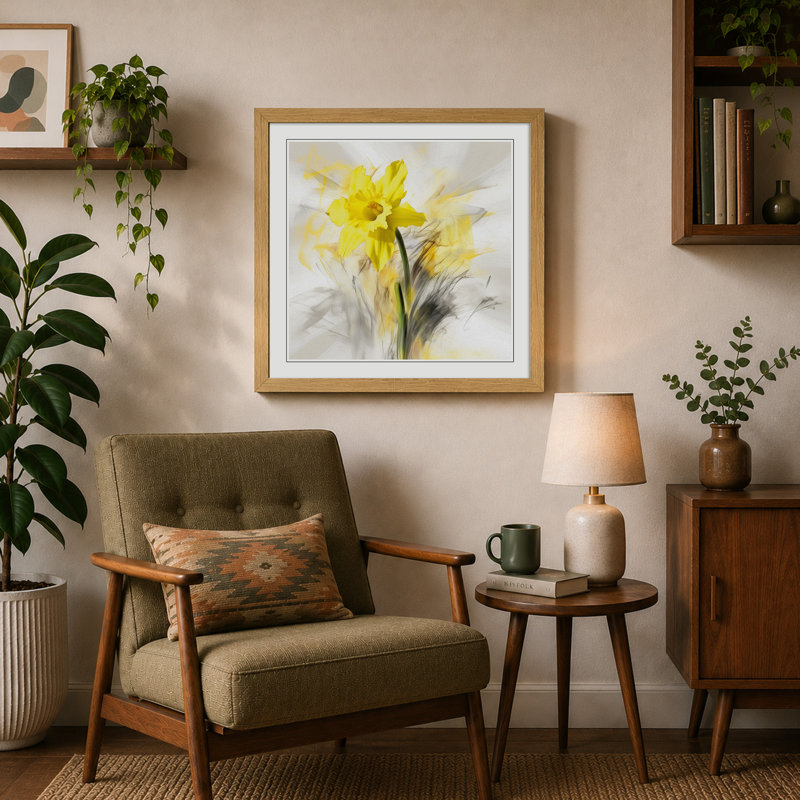 Daffodil Gestural Art - Framed Print, Oak