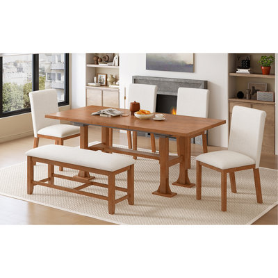 TOPMAX Farmhouse 76inch 6-Piece Extendable Dining Table Set Trestle Kitchen Table Set with 18inch Removable Leaf and Upholstered Dining Chair and Benc