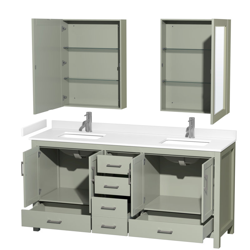 Sheffield 80" Bathroom Vanity Set with Mirror and Medicine Cabinet, Carrara Cultured Marble, Light Green, 72" W