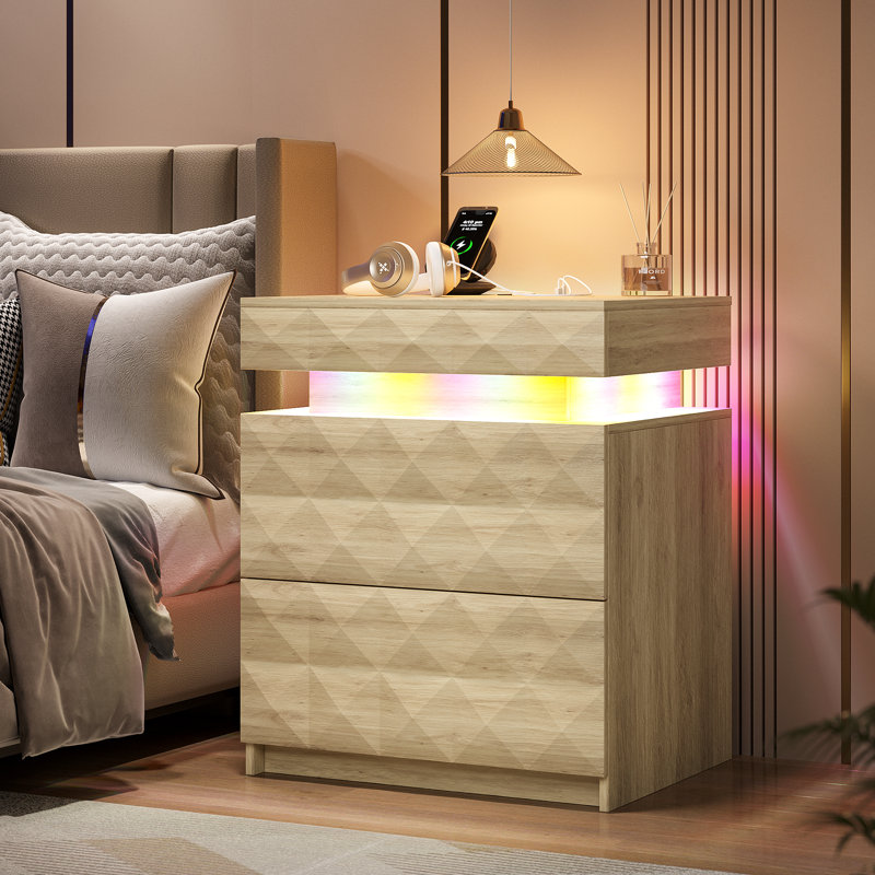 Diamond-Textured 2 - Drawers Bedside Table with Hidden Storage and Lockable, Modern Nightstand with Human Sensor Light, Oak