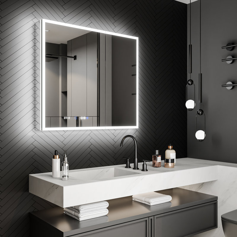 LED Recessed or Surface Frameless Medicine Cabinet with Mirror and Defogger, Magnifying Mirror, Adjustable Shelves, USB & Outlet