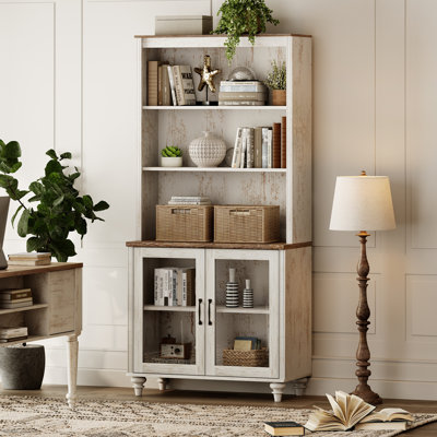 Pantry Cabinet With Bar Hutch, Buffet Cabinet With Glass Doors And 5 Tier Shelve, Rustic White by Ophelia & Co.