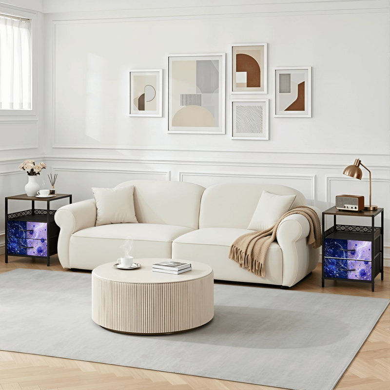 Table de chevet 2 tiroirs avec station de charge, table de chevet de chambre à coucher avec ports USB, tablette ouverte noire, table de chevet avec roses bleues rêveuses
