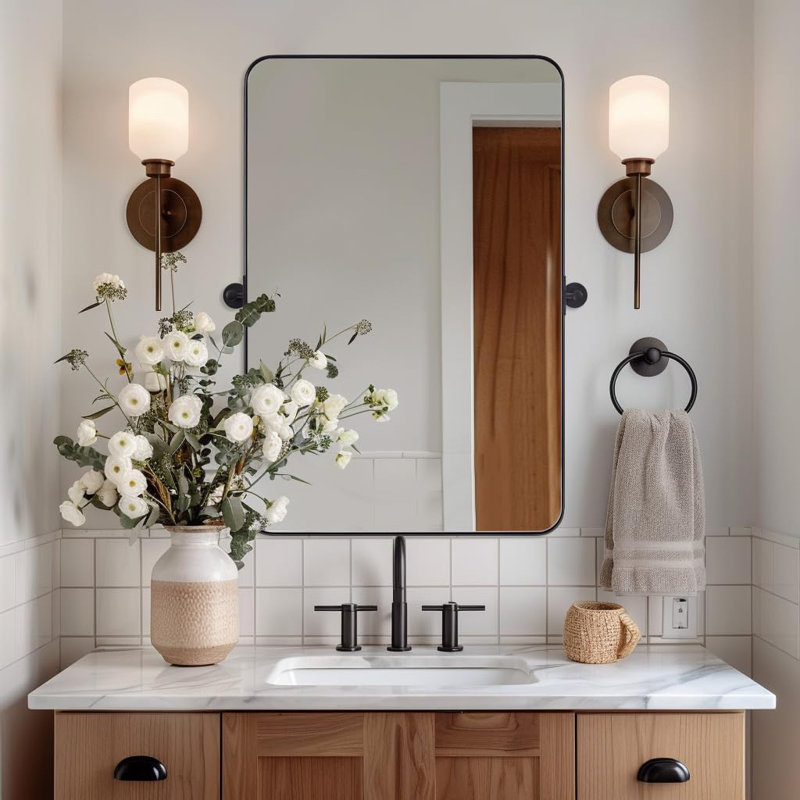 Miroir de salle de bain contemporain pivotant avec inclinaison réglable | Cadre en acier inoxydable, 36 po x 24 po, Noir mat