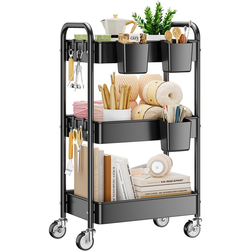 Chariot utilitaire à 3 niveaux sur roulettes, organisateur de rangement robuste en métal avec roulettes, noir