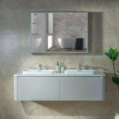 WOODBRIDGE 60" Wall-Mounted Floating Bathroom Vanity with Double Integrated White Sinks, Soft-Close Drawers, Gray Cabinet, Marble-Pattern Countertop, Rounded Edges