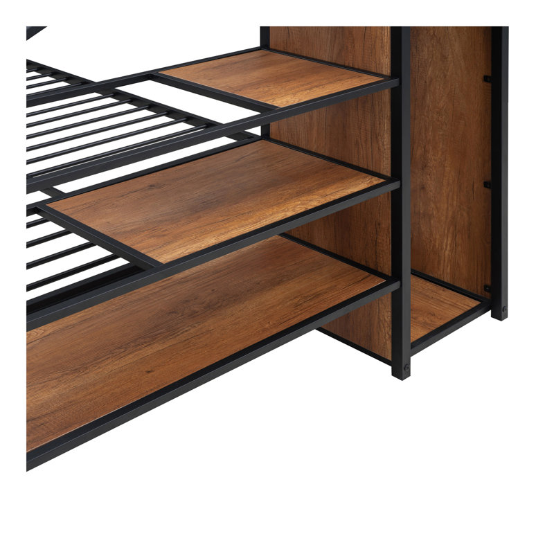 Lit superposé double en métal avec échelle de rangement latérale et garde-robe, noir, Noir