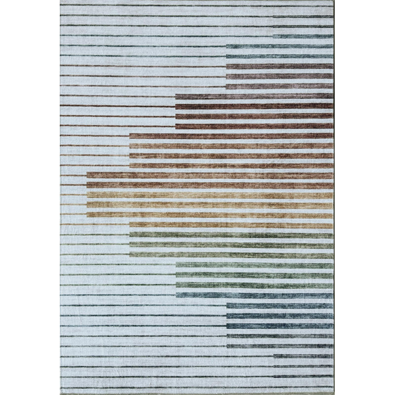 4' X 6' Beige Blue and Brown Striped Area Rug