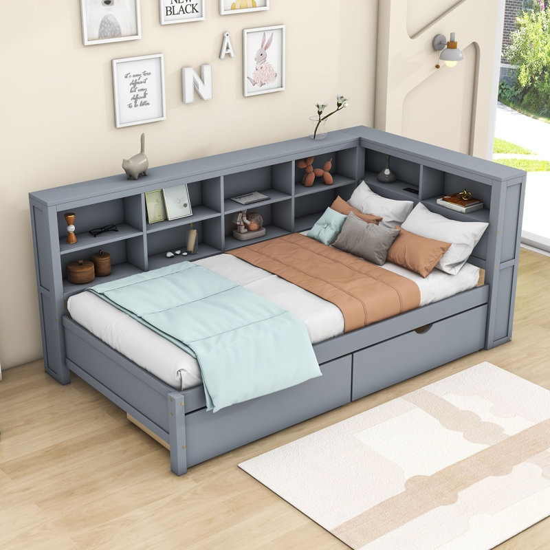 Wood DayBed with USB Charging Ports, Drawers and Storage Shelves, Twin, Gray