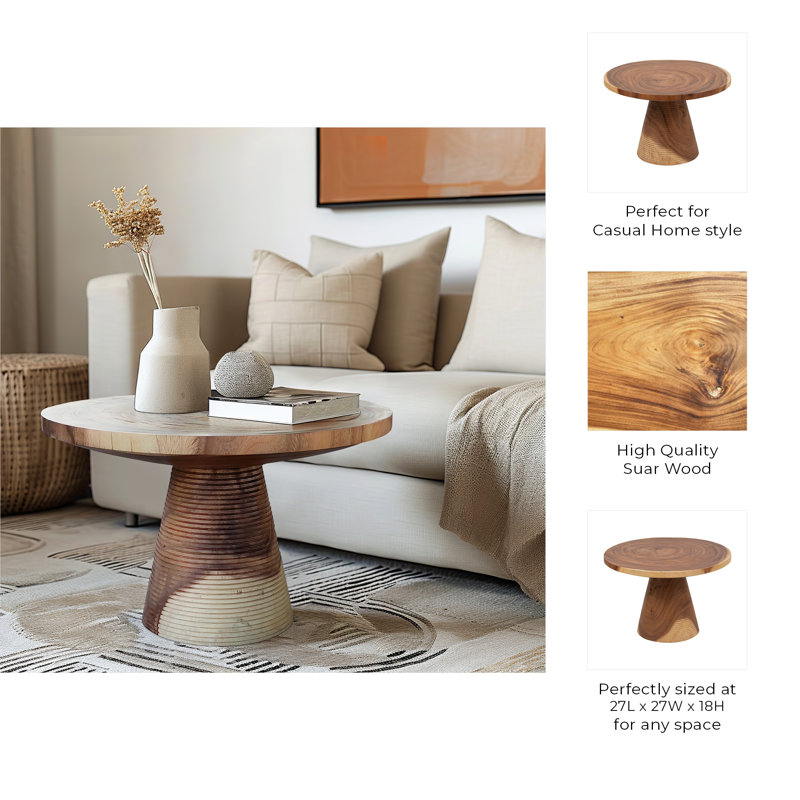 Suar Wood Coffee Table - 27" Round Brown Accent Table for Living Room, Bedroom, Office - Rustic Modern Design with Natural Grain Finish, Casual Home Decor