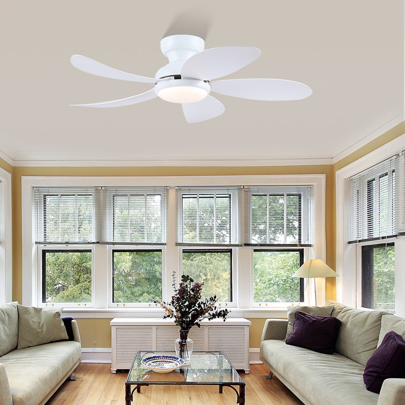 Low Profile 42'' 5- Blade Indoor Flush Mount Ceiling Fan With Led Light, Dc Motor And Remote Control, White