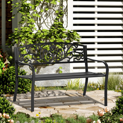 Banc d'extérieur en métal de 50 po de 50 po. Noir avec motif floral. Siège à lattes de jardin pour la cour, la pelouse. Banc confortable à 2 porches. Fabrication solide. Assise à installation rapide, noir. Détente 2 options pour profiter de l'extérieur. Facile