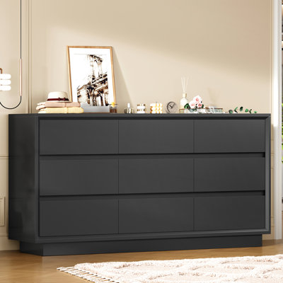 Commode 63 po avec 9 tiroirs, commode noire avec glissière en métal, commodes de chambre à coucher, commodes en bois et commodes de chambre à coucher, couloir, noir
