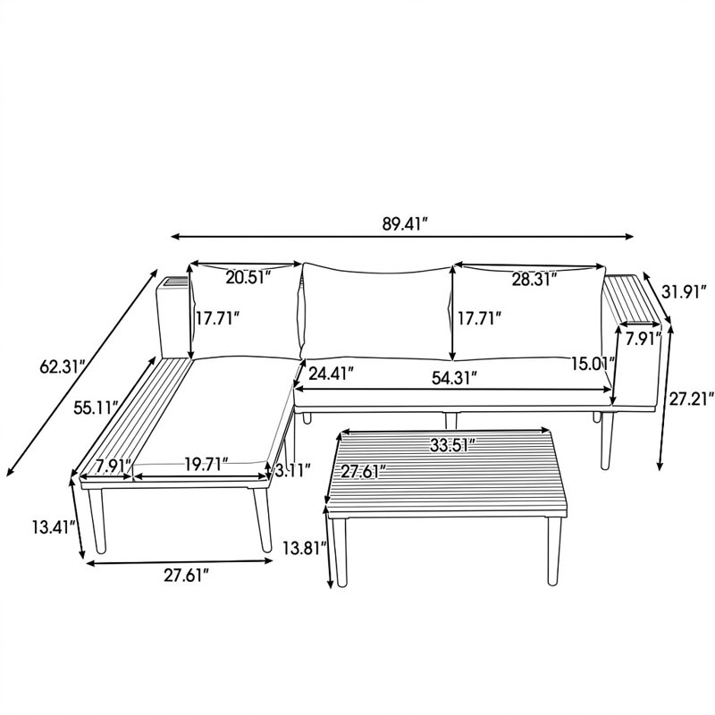 Ensemble de canapé d'extérieur moderne en bois d'acacia avec coussins résistants à l'eau et table basse pour terrasse, Grey