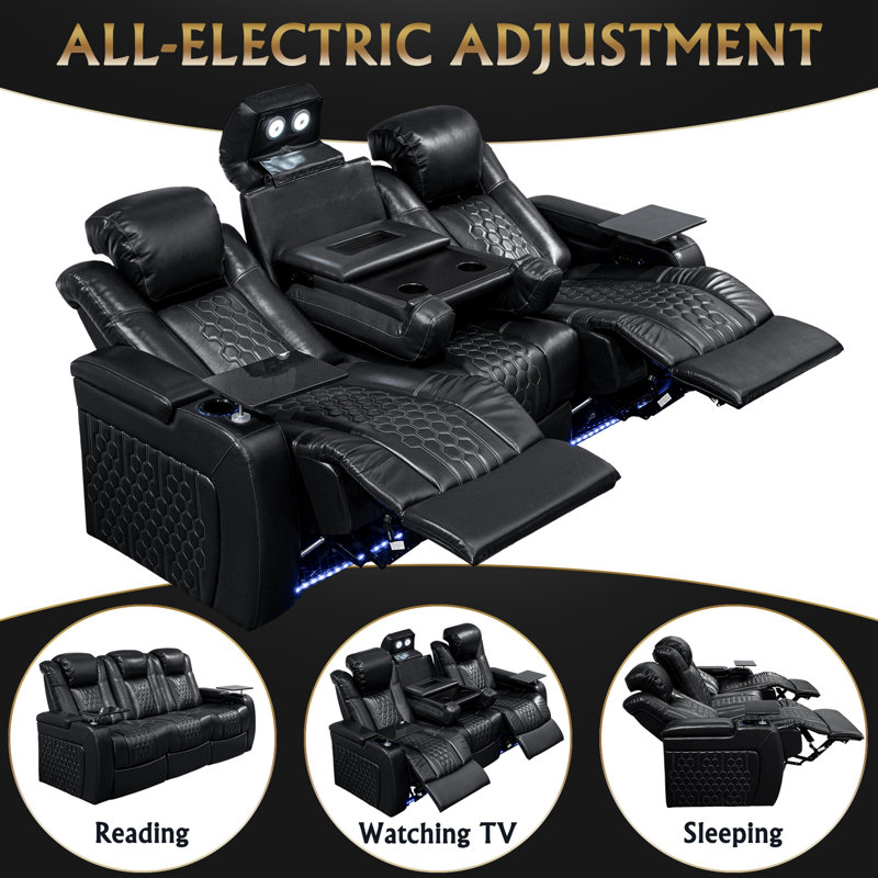 Power Recliner 3 PC Made WithTop-Grain Nappa,Fully Adjustable Relaxation,Smart Charging,Dynamic RGB LED Lighting, Black