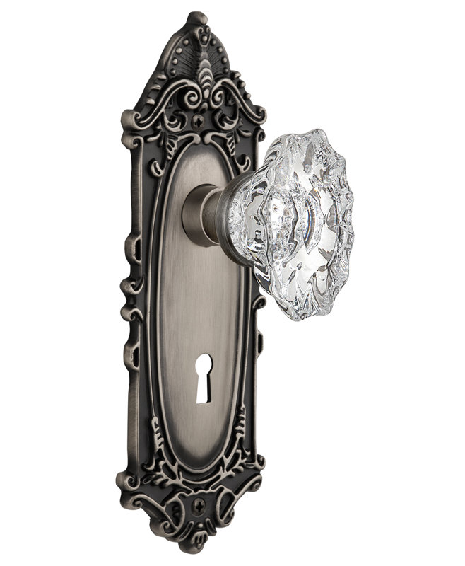 Crystal Chateau Interior Mortise Door Knob with Victorian Long Plate, Antique Pewter