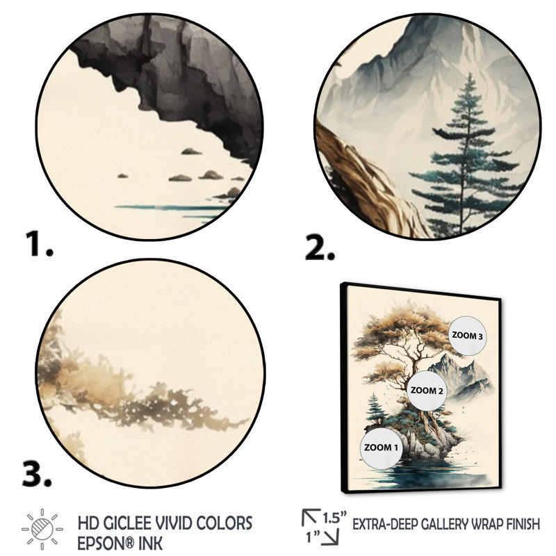 Bonsai Tree On A Rock V - Art mural moderne sur toile, L 12 po x H 20 po, Cadre flottant noir