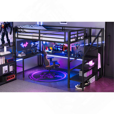 Lit mezzanine double en métal de taille XL avec bureau en forme de L et USB, avec armoire et tablette réglable, hauteur avec DEL pour enfants, adolescents, adultes, noir