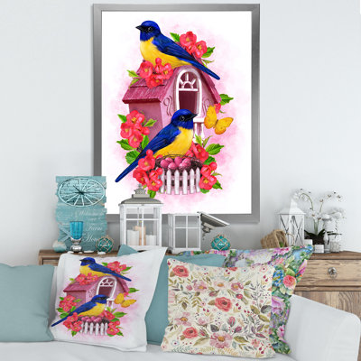 Deux oiseaux à mésange bleue et jaune assis près du nid - Impression sur toile