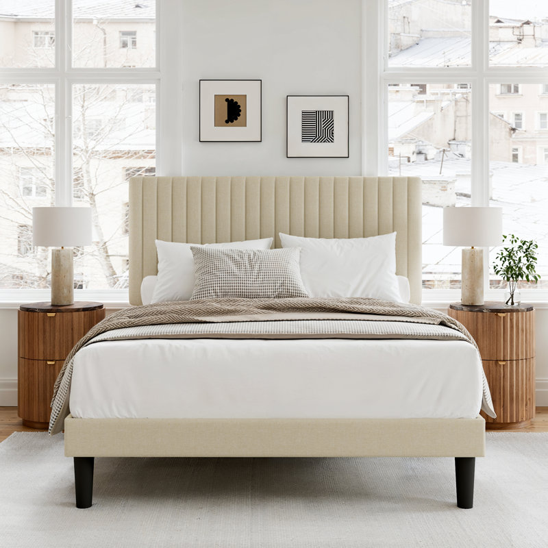 Queen Size Upholstered Platform Bed with Adjustable Headboard and Wooden Slats, Queen, Beige