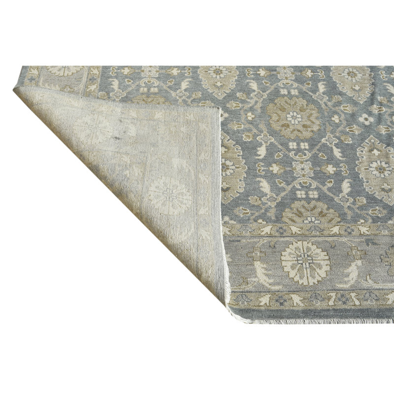 Tapis noué à la main de haute qualité en bleu clair / gris clair / jaune, Rectangle 6 pi x 9 pi
