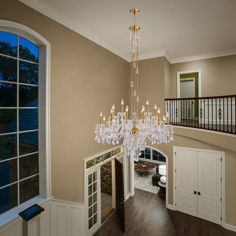18-Light Brass Crystal Chandelier for High Ceiling