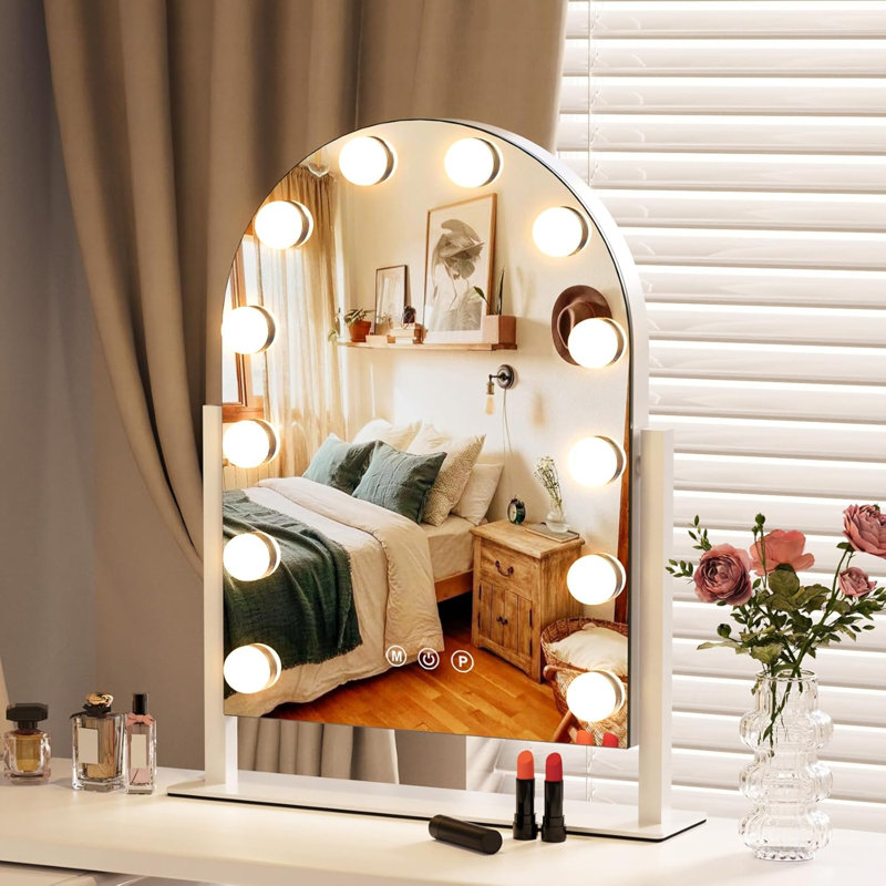 Miroir de salle de bain Hollywood avec lumières - 12 ampoules à DEL à intensité variable, 3 modes d'éclairage couleur, grossissement 5X, contrôle tactile et luminosité réglable pour le maquillage
