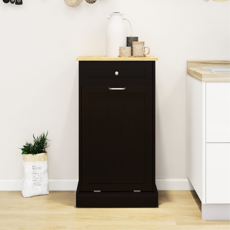 Armoire poubelle de cuisine enduite à un tiroir et noire, qui peut être intégrée avec un îlot, pré-percée pour un assemblage facile.
