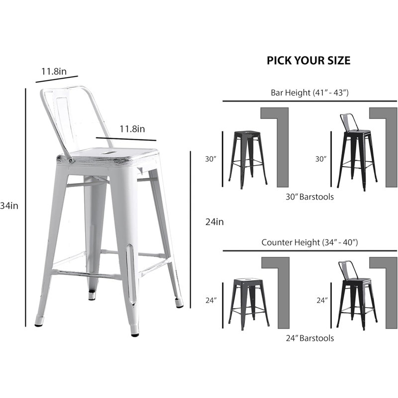 Tabourets de bar modernes, légers, industriels, contemporains, rustiques, rétro, en métal, avec dossier et 4 pieds, tabourets de bar (ensemble de 2) (siège de 30 po, blanc vieilli)