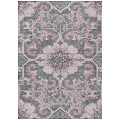 Tapis intérieur lavable damassé rose et gris anthracite 3 pi x 5 pi