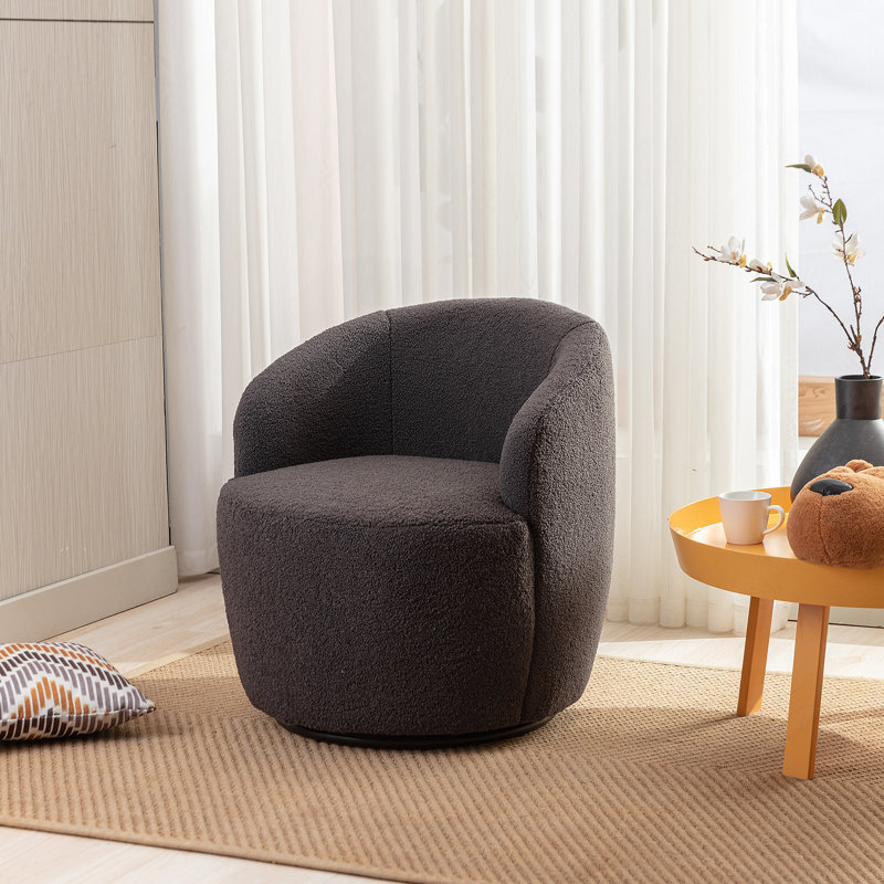Versatile Swivel Armchair With Comfort Padding And Black Metal Ring, Dark Gray Teddy
