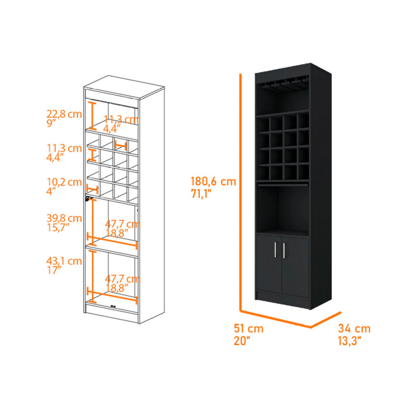 Armoire de bar 16 tablettes Black Wengue, Noir