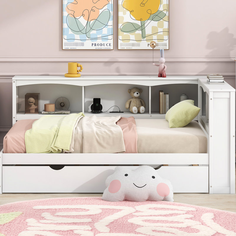 Lit de jour simple blanc avec couchette, rangement et ports - Bois de pin massif et taille de construction, Blanc