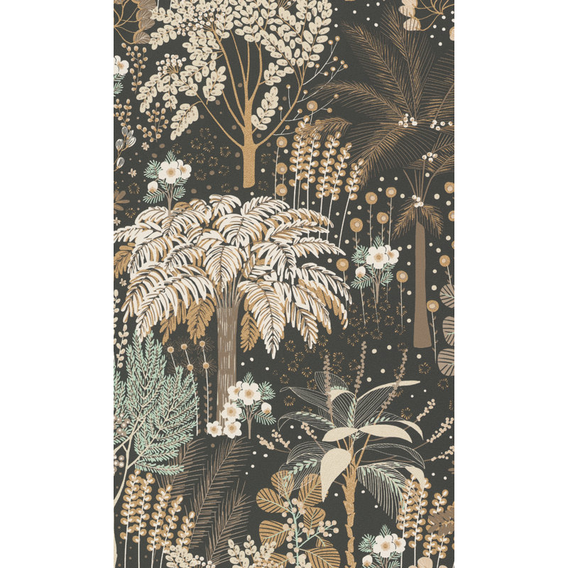 Black Tropical Trees Metallic Wallpaper R8369, Black