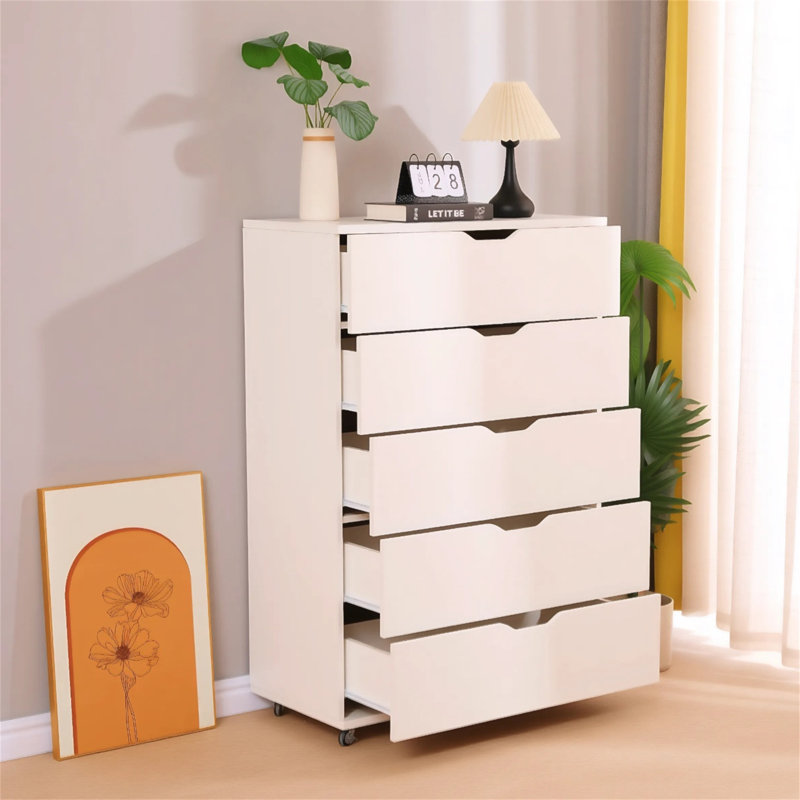 Commode de rangement blanche à 5 tiroirs avec roulettes - Armoire de rangement moderne, White