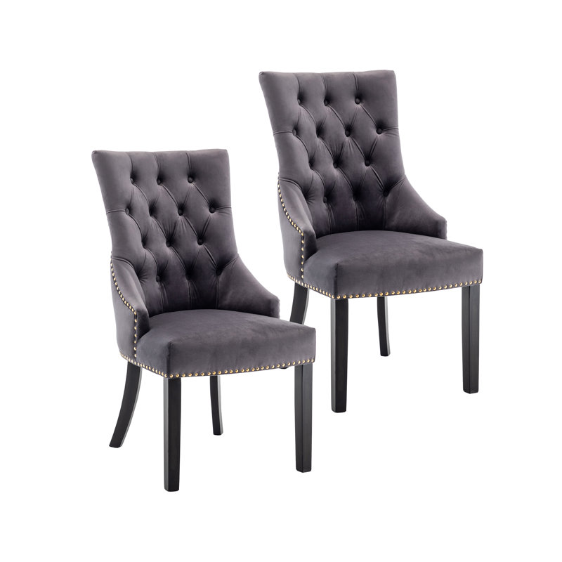 Dejavu Tufted Velvet Dining Chair with Rubberwood Legs, Gray Velvet