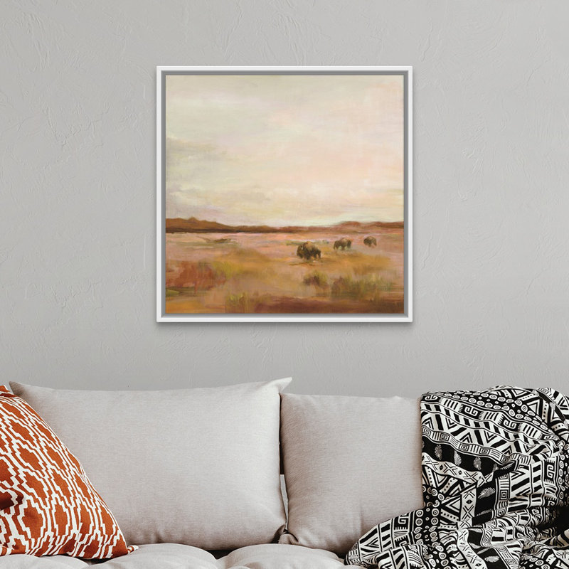 Buffalo Under Big Sky Warm - imprimé, Cadre flottant blanc, H 32 po x l 32 po x P 1,75 po